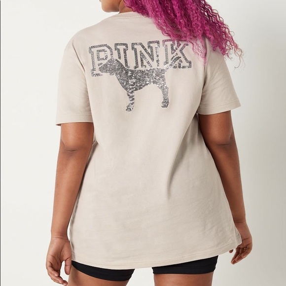 Victoria's Secret PINK Campus Short Sleeve Tee Vanilla Bean Shine NEW - Picture 3 of 7